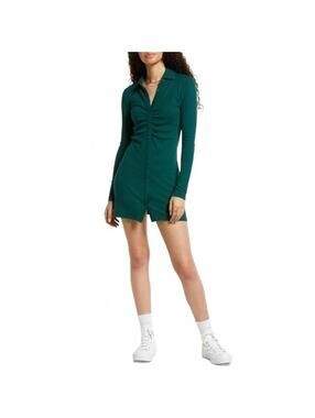 BP Ruched Long Sleeve Rib Collar Shirt Dress Green Botanical NWT XS